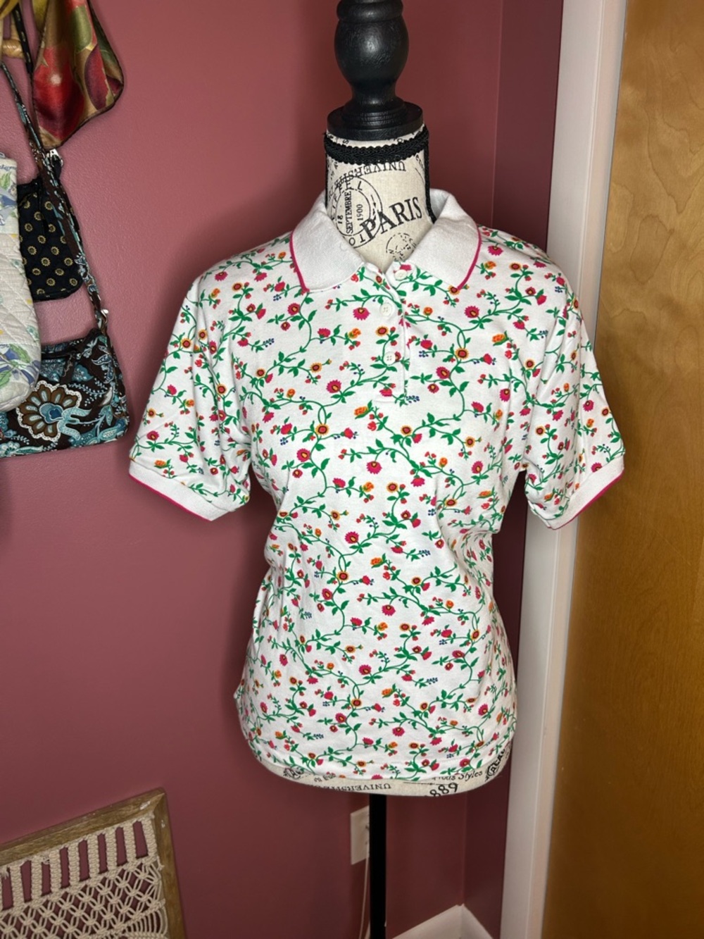 White and Red Floral Button-Down Polo with Pink Trim